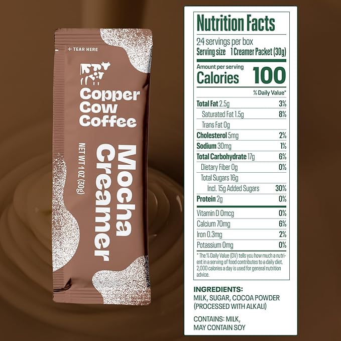 Copper Cow Coffee Sweetened Mocha Milk Creamer Singles (8 pack) | Vietnamese Inspired Coffee Creamer, All Natural Creamer Packets for Pour Overs & Lattes | No Refrigeration Needed, Travel Friendly