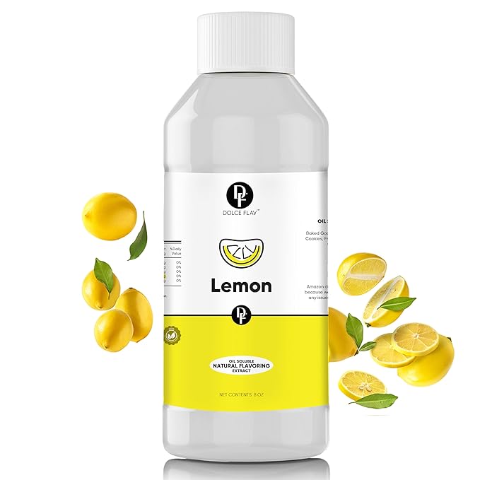 Dolce Flav Natural Lemon Extract – 8 Ounce Oil-Soluble Kosher, Sugar-Free, Concentrated Fresh Citrus Lemon Flavor for Baking, Chocolates & Desserts
