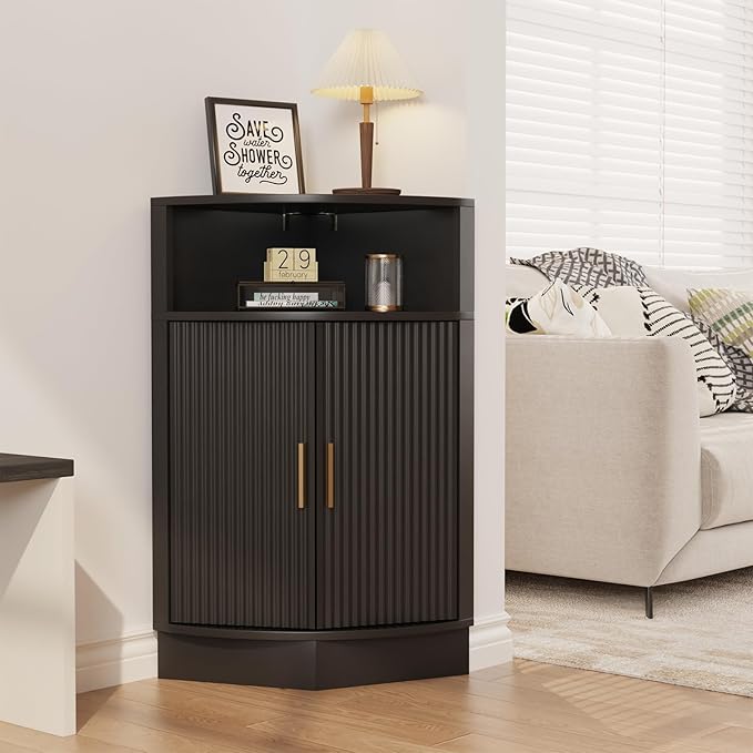 Corner Bathroom Cabinet, Modern Small Corner Cabinet with Fluted Door and Open Shelf, Space Saver for Bathroom, Living Room, Kitchen, Black