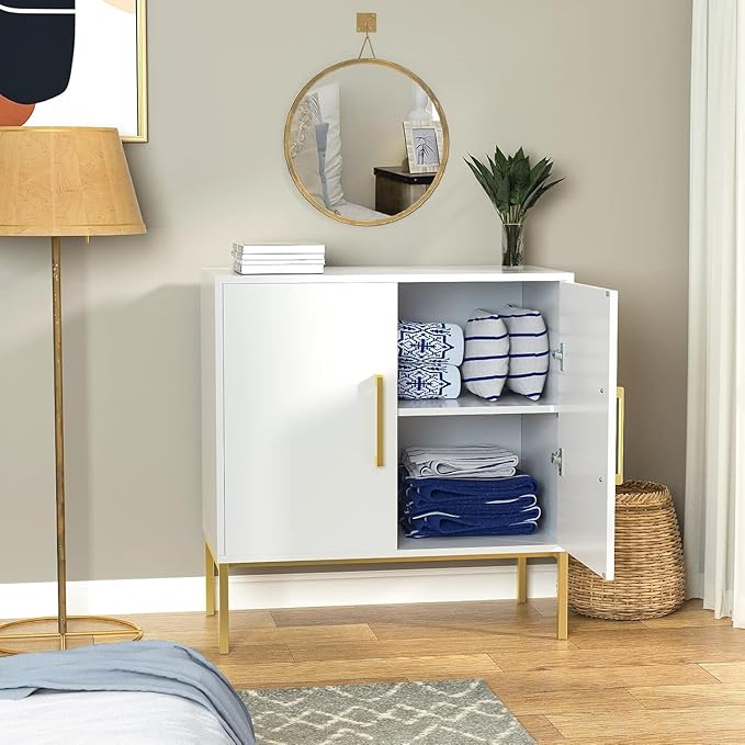 JOZZBY Buffet Sideboard Cabinet with Storage, Modern Wooden Cabinet with Adjustable Shelves, White and Gold Cabinets for Living Room, Kitchen, Hallway