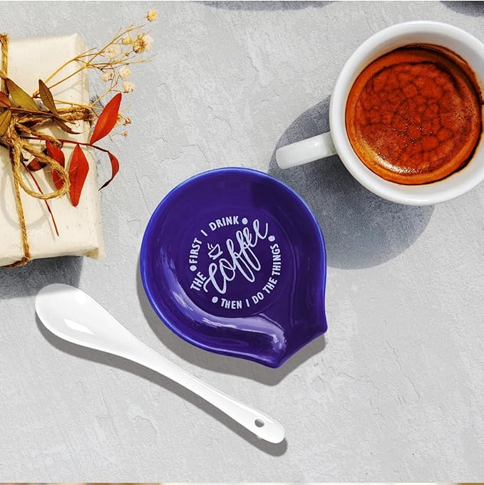 Funny Coffee Quote First I Drink The Coffee Then I Do The Things Ceramic Spoon Holder-Navy Blue Coffee Spoon Rest -Cafe Station Bar Accessories