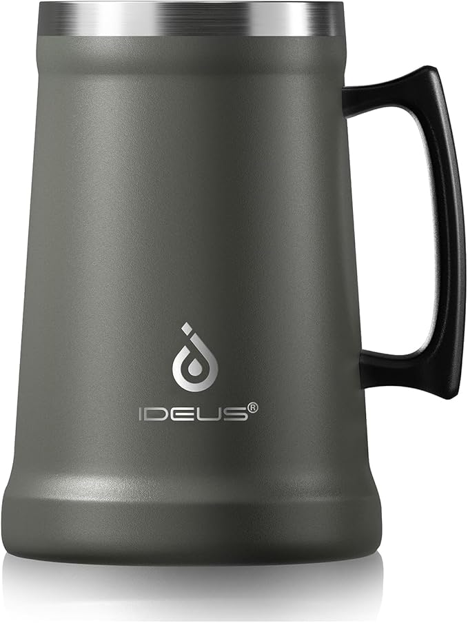 Ideus Insulated Beer Stein, 24/32oz Stainless Steel Double Walled Beer Mug Giant Bar Drinkware Metal Beer Cup with Big Grip Handle (Grey, 34oz (1,000ml))