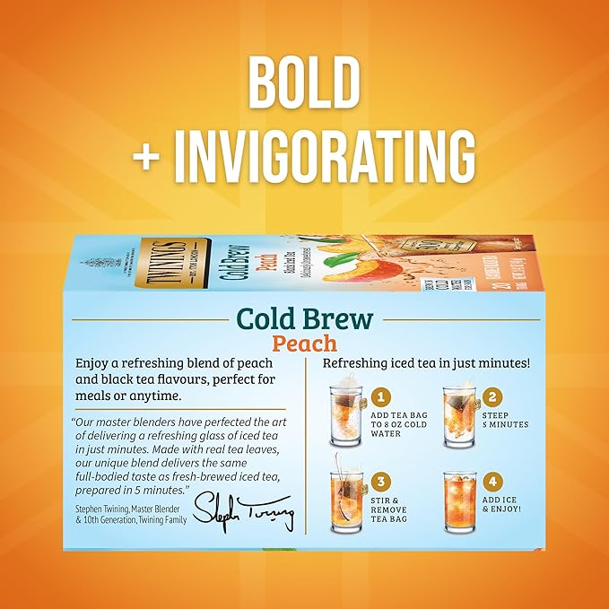Twinings Peach Cold Brew Iced Tea Bags, 20 Count (Pack of 2), Unsweetened Flavoured Black Tea, Caffeinated, 20 Teabags