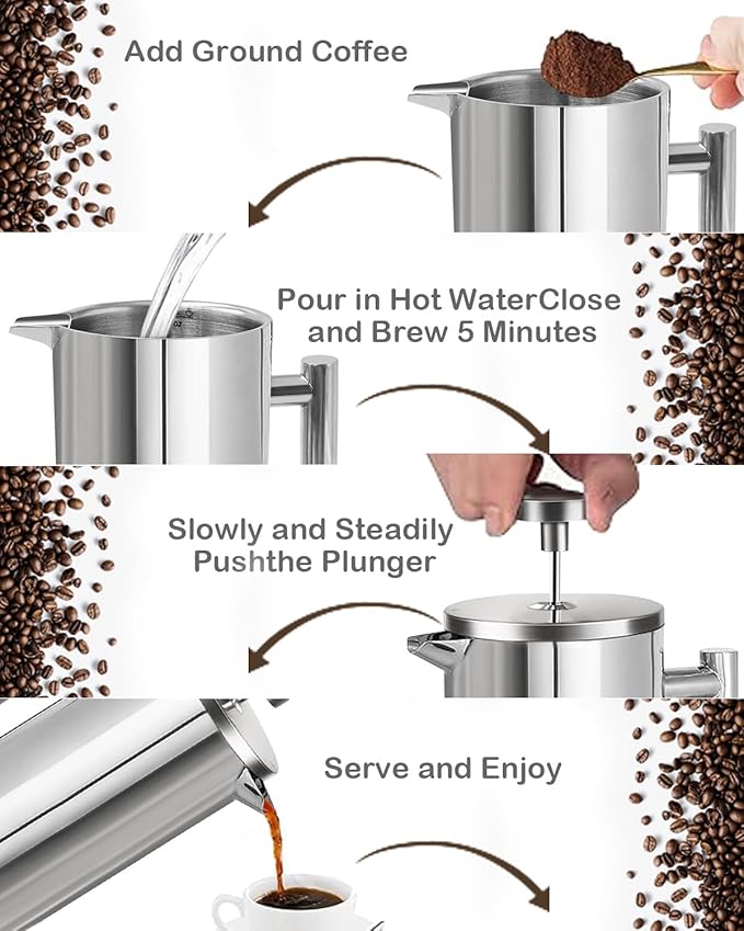 French Press Coffee Maker,304 Stainless Steel Coffee Press with scale lines and 2 Extra Filters for Kitchen & Camping (Silver, 34 OZ) 1 Litre
