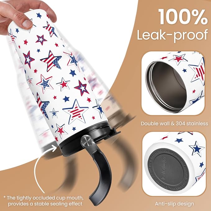 SANDJEST American Flag Star Tumbler with Handle 30oz, Stainless Steel Insulated Flip Straw Tumblers Coffee Travel Mug Cup, USA America Gifts for Women Girl for Birthday Christmas