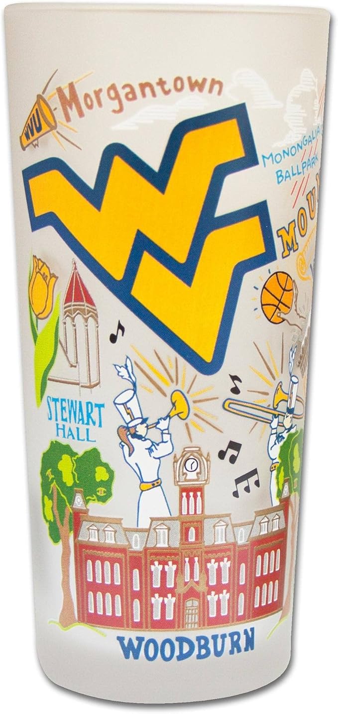 Catstudio Drinking Glass, West Virginia University Glass Cup for Kitchen, 15oz Dishwasher Safe Tumbler for WVU Alumni