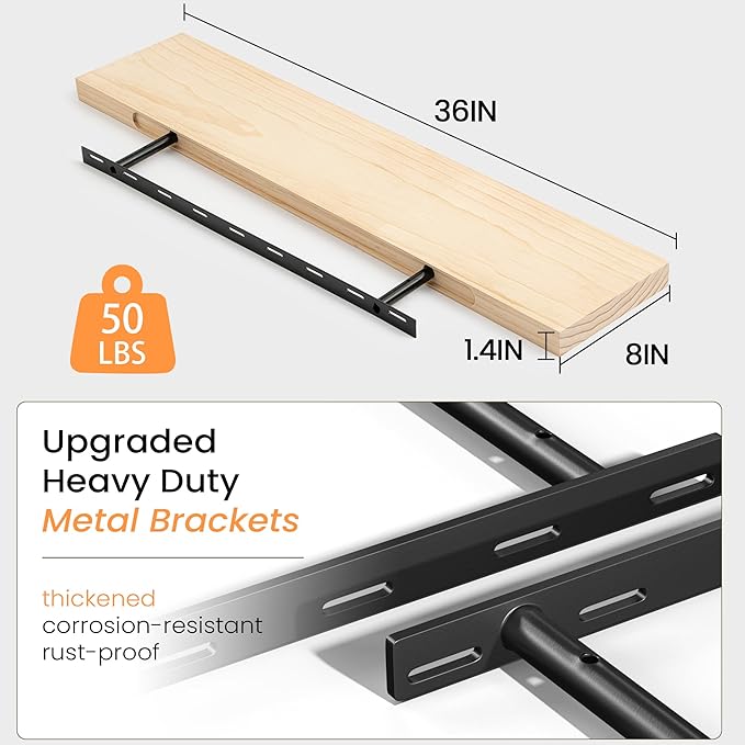 Fun Memories 36 Inch Floating Shelves for Wall, Deep Rustic Solid Wood Floating Shelves for Storage - Farmhouse Wall Mounted with Heavy-Duty Metal Bracket, 36" W x 8" D, Set of 2,Unfinished for DIY