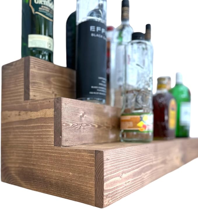 Handmade Tiered Display Shelving - Three Tier Bar Display - Bar Organizer - Liquor Bottle Display (30" with Back, Special Walnut)