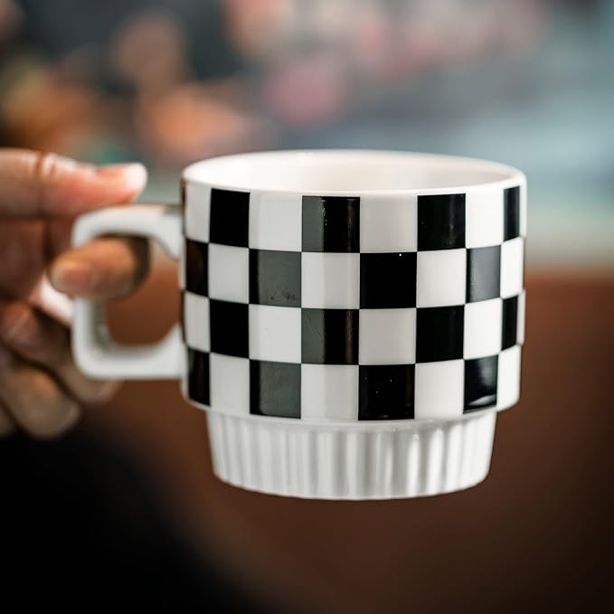 Stackable Coffee Mug Set of 4 with Rack 11 oz Tea Cup Set with Little Spoon for Coffee Tea Cocoa Milk, Checkered Black and White Pattern Coffee Mug for Housewarming Gift