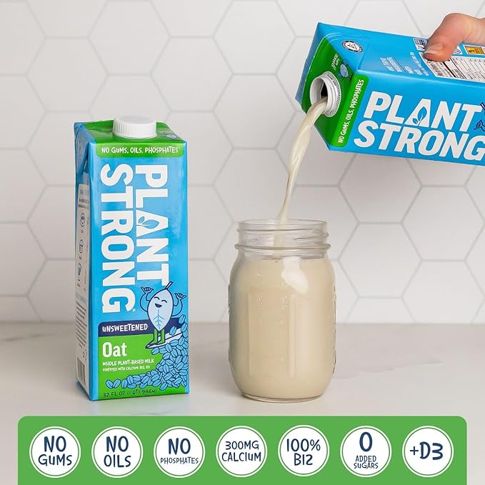 PLANTSTRONG Plant-Based Milks – Non-GMO, Plant-Based, Vegan, Gluten-Free, Dairy-Free, Lactose-Free, Shelf-Stable, No Gums or Oils (Pack of 6 (32 Fl. Oz.), Oat w/Recipe Guide)