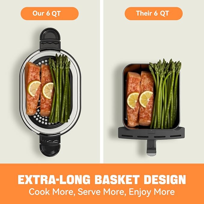 6QT All-Glass Air Fryer with 360° View - 8-in-1 Functions (Fries/Wings/Fish/Shrimp), Presets, Digital Touchscreen, Nonstick Basket, Dishwasher Safe, Extra-Long Design for Whole Fish & Asparagus