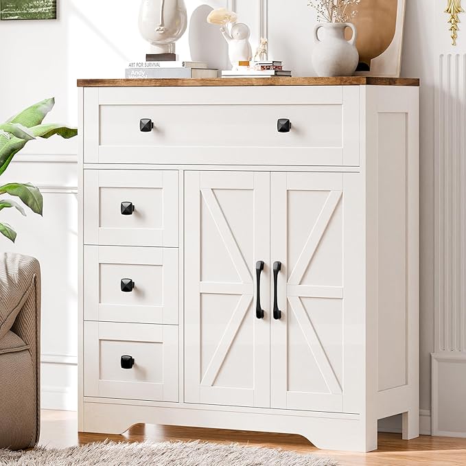 Vabches Farmhouse Storage Cabinet with 2 Doors and 4 Drawers, Freestanding Bathroom Storage Cabinet Kitchen Pantry, Floor Hutch Cupboard for Living Room/Bathroom/Kitchen,(Antique White)