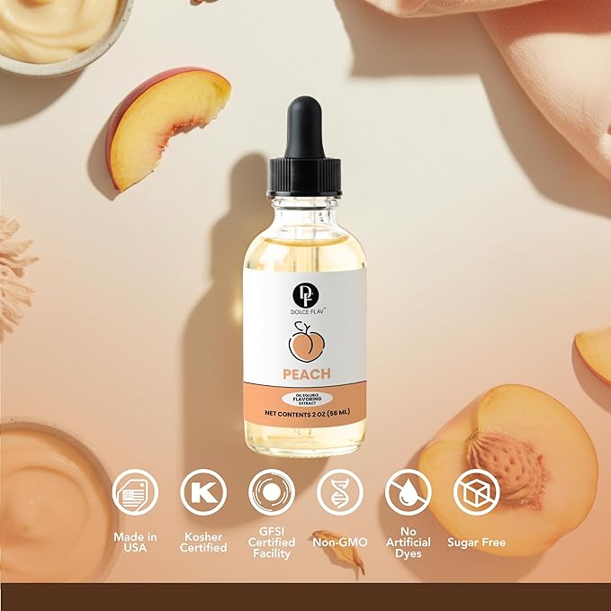 Dolce Flav Peach Extract – 2 Ounce Oil-Soluble Kosher, Sugar-Free, Concentrated Juicy Peach Flavoring for Baking, Chocolates & Desserts, Includes Measured Dropper
