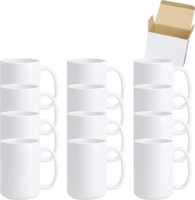 Ceramic 15oz White Sublimation Coffee Mug in White Box, Case of 12