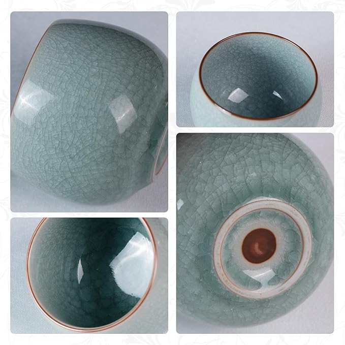 Tea Cup Set of 2 Porcelain Small Tea Cups 5oz Japanese Tea Cup Set, Asian Handmade Ceramic Teacups for Home, Party, Office, Chinese Kung Fu Tea Set for Hot/Cold Drink（Egg-Ice Crackle Glaze Pattern）