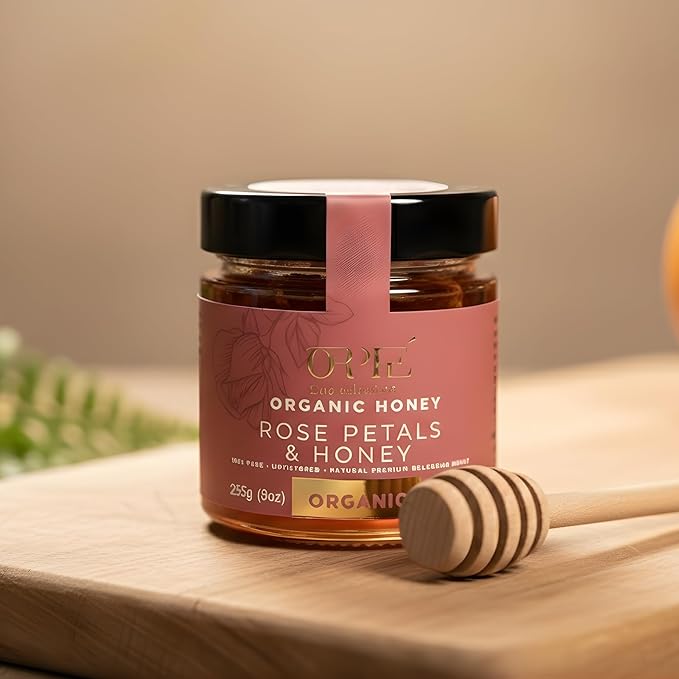 ORPHE Organic Honey with Rose Petals – Clean Simple Natural Sweetener for Coffee, Tea, Matcha and Breakfast, Unheated & Creamed 9oz Glass Jar