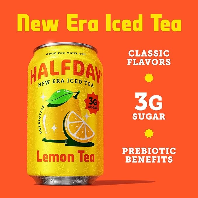HALFDAY Prebiotic Iced Tea Lemon, Peach, Raspberry and Half & Half Variety Pack, Gut Health, Plant Fiber & Prebiotics, 3-5g of Sugar, 35 Calories, Natural Caffeine, Gluten Free, Keto 12 fl oz (12 pack)