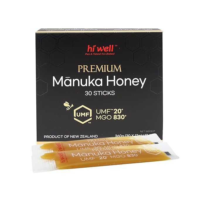 Hi Well Premium New Zealand 100% Manuka Honey | Monofloral Pure Raw Honey | UMF MGO Certified | Easy to take12g x 30 sticks | 12.6Oz(360g) (UMF 20+)