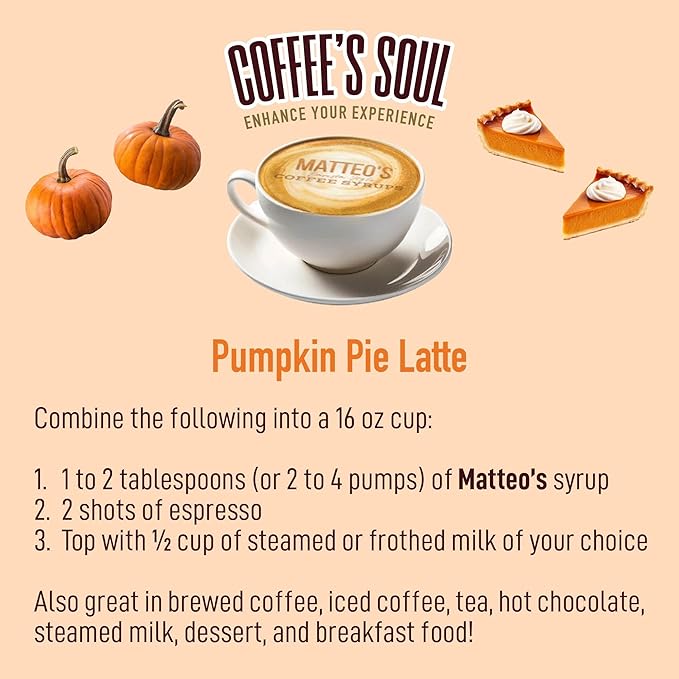 Matteo's Pumpkin Pie Syrup for Coffee, Lattes, Cappuccinos & Desserts – Sugar-Free Sweetener for Beverages, Keto Friendly, Zero Calories, Indulgent Flavor, Non-Alcoholic, 33.8oz (6pk)