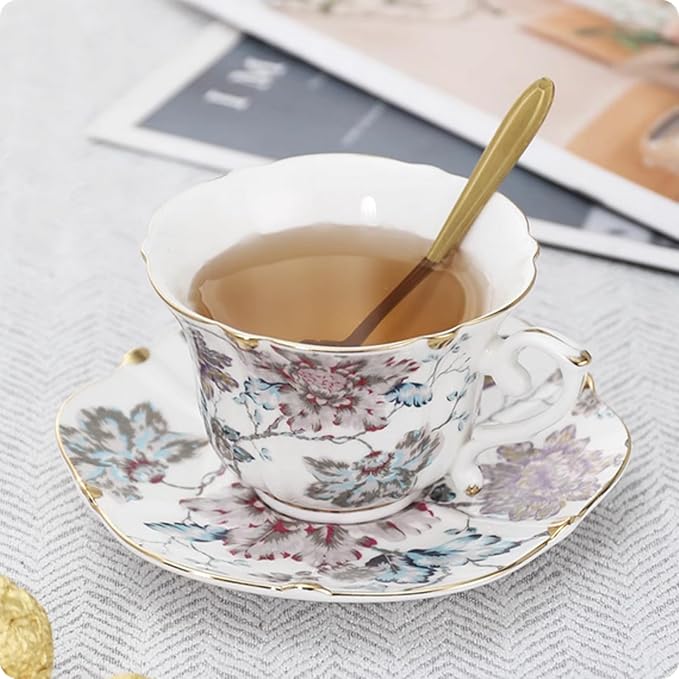 Floral Ceramic Cup Bone China Tea Cup and Saucer Set 6.8 Oz Gold Trim Vintage Style Porcelain Coffee Cup for Home Kitchen Office, Style 2