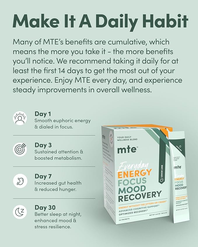 MTE Healthy Energy Drink Powder Packets | Caffeine Free & Sugar Free Energy | Boosted Focus and Productivity | 24 Drink Pouches | Paraxanthine Nootropic Supplement