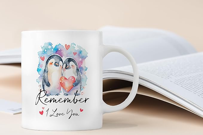 QASHWEY Remember I Love You Coffee Mug, Wedding Gifts Engagement Gifts for Couples Boyfriend Gift Girlfriend Gift Coffee Cups Ceramic 11oz, Cute Penguin Love Tea Cup