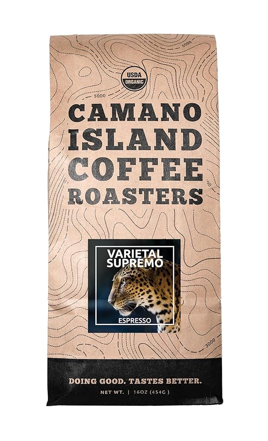 Camano Island Coffee Roasters Varietal Supremo Espresso Blend, Ground 1lb, Fresh Dark Roast, USDA Organic, Fairly Traded, Shade Grown Arabica, Chocolate, Caramel, Hint of Spice Flavor Profile