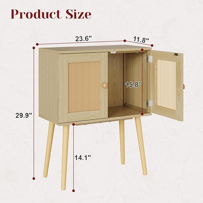 Sideboard Buffet Kitchen Storage Cabinet , Small Coffee Bar Cabinet with Rattan Doors and Tall Solid Wood Legs, Boho Accent Media Console Credenza Cabinet for Entryway,Living Room,Kitchen, Small Space