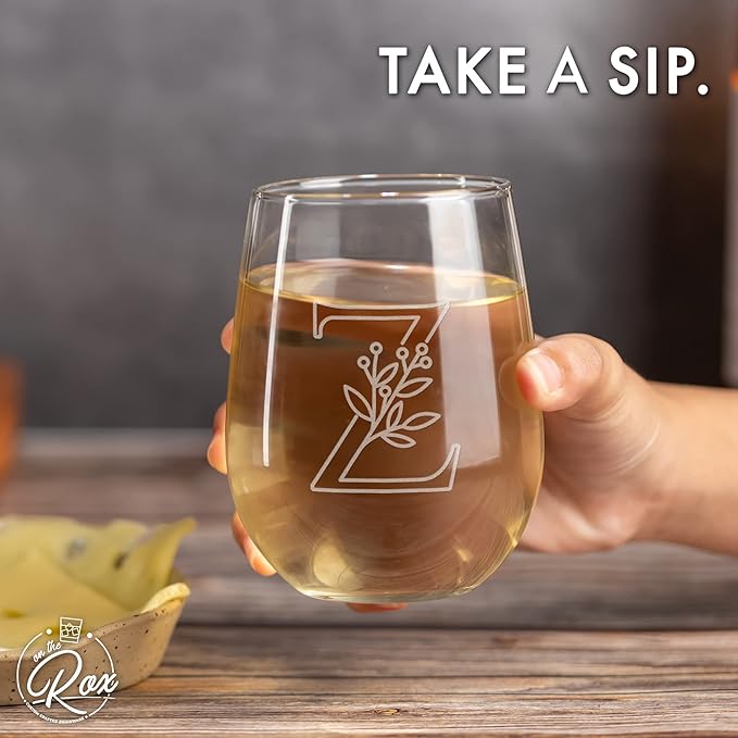 On The Rox Drinks Monogrammed Gifts For Women and Men - Letter A-Z Initial Engraved Monogram Stemless Wine Glass - 17 Oz Personalized Wine Gifts For Women and Men (Z)