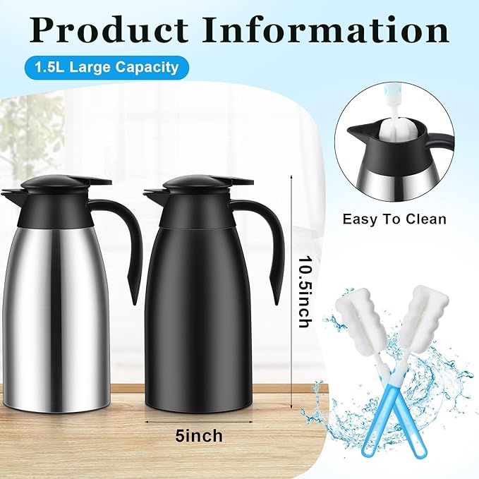2 Pcs 51 oz Thermal Coffee Carafe for Keeping Hot Insulated Stainless Steel Vacuum Thermal Pot Flask Double Walled Vacuum Coffee Carafe for Beverage Water Tea, 12 Hot 24 Hours Cold(Silver, Black)