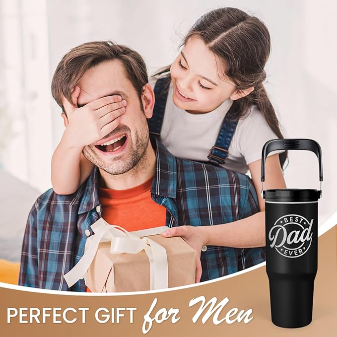 Best Dad Ever Tumbler 30oz, Stainless Steel Insulated Tumblers Travel Cup with Carry Handle & Flip Straw Lid, Gifts for Dad from Daughter Son, Dads Gift for Birthday Christmas Fathers Day