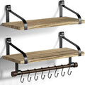 Love-KANKEI Floating Shelves Wall Mounted Set of 2, L17.3 x W7.3 Inch Storage Shelves with Wood Bar and 8 Removable Hooks for Kitchen, Coffee Bar,Bathroom, Bedroom, Living Room Carbonized Black