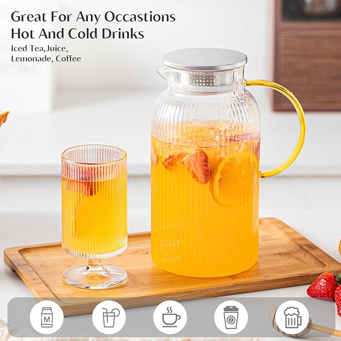 INSETLAN 68oz/2L Glass Pitcher with Lid and Spout, 2-Pack Ribbed Glass Jugs with Handle, Hot&Cold Water Pitcher for Iced Tea, Juice, Lemonade – Modern Carafe for Fridge or Table