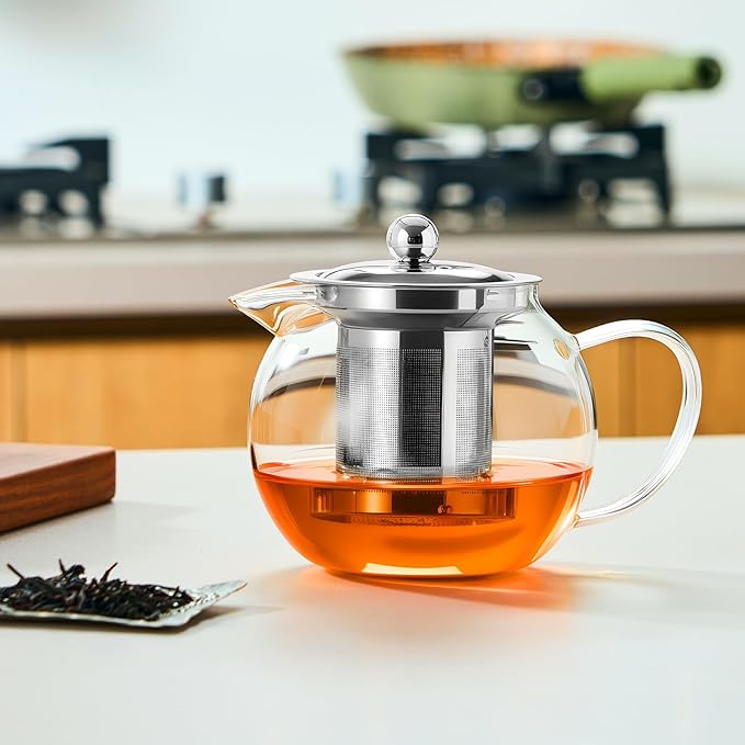 Glass Teapot Stovetop 22 OZ/650ml, Tea pot with Removable 18/8 Stainless Steel Infuser, Borosilicate Clear Tea Kettle, Teapot Blooming and Loose Leaf Tea Maker Tea Brewer for Camping, Travel