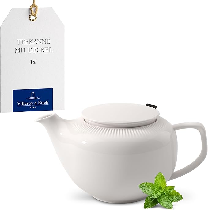 Villeroy & Boch Afina Teapot with Filter, Premium Porcelain, Made in Germany, Dishwasher and Microwave Safe, 17 oz, Loose Leaf Filter, White