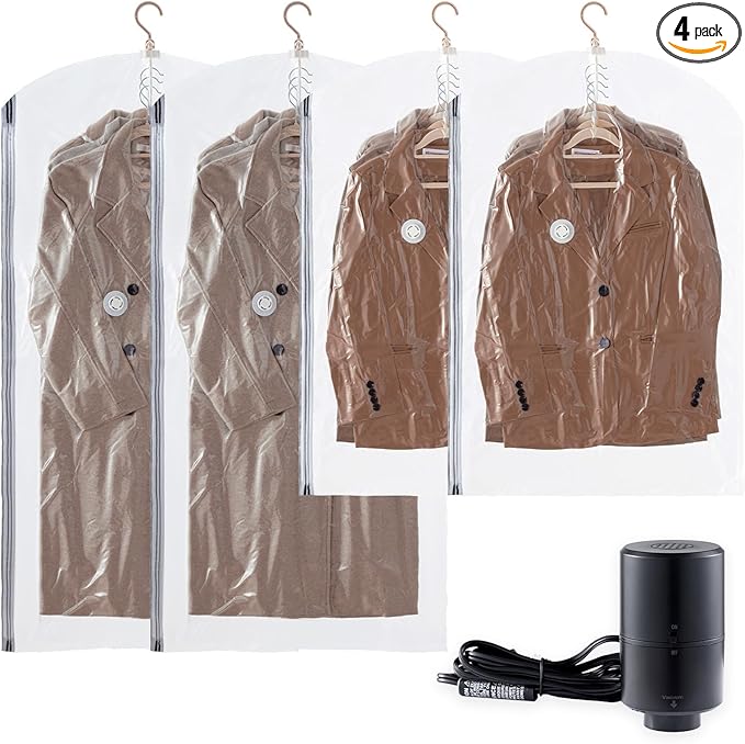 TAILI Hanging Vacuum Sealer Storage Space Saver Bags with Electric Air Pump for Clothing, for Coats, Closet Organizers, 2 Long 2 Short Clear