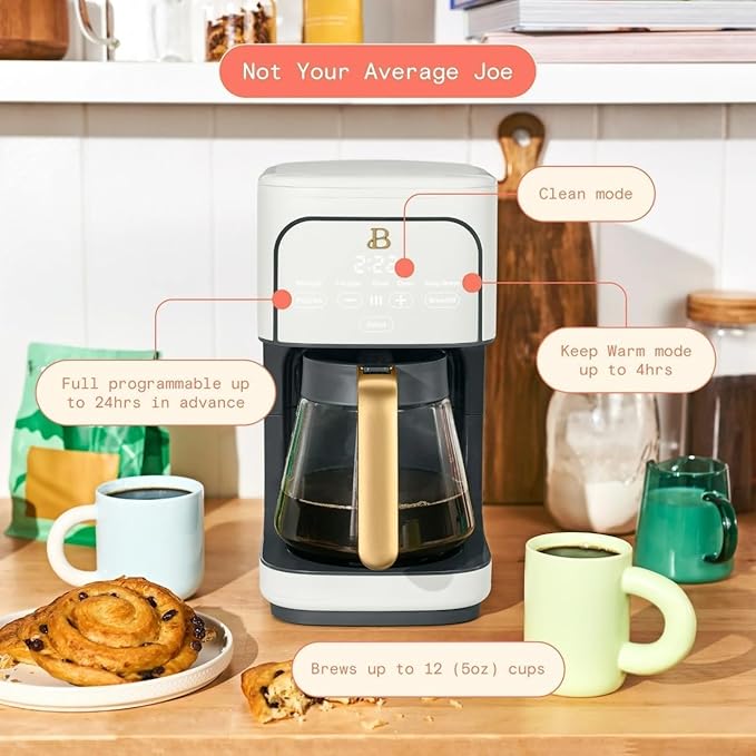 Beautiful 12 Cup Programmable Coffee Maker, Drip Coffee Machine with Glass Carafe, Automatic Brew Strength Control, Espresso Maker Function, Compact Espresso Machine (White Icing)