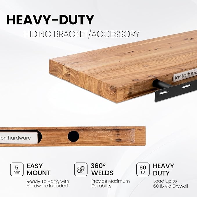 Fun Memories 42" Floating Shelves for Wall, Rustic Solid Elm Wood Floating Shelves - Invisible Bracket Mount, Extra Long Wall Mounted Shelf for Living Room, Bathroom, Bedroom, Kitchen, Natural