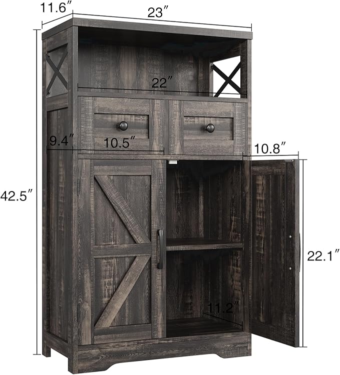 Farmhouse Storage Cabinet with Drawers and Shelf, Freestanding Kitchen Pantry Storage Cabinet, Floor Hutch Cupboard for Kitchen, Living Room, Home Office, Dark Rustic Oak