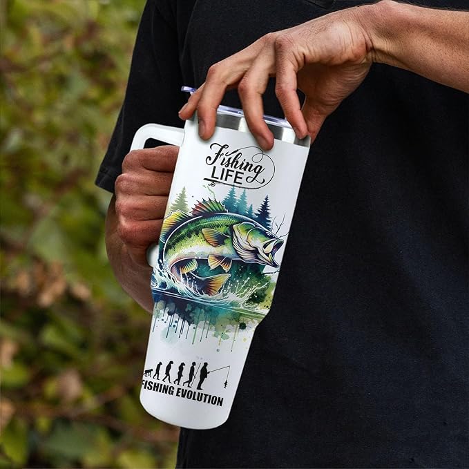 Fishing Gifts For Men 40oz Travel Tumbler for Fishing Lover Fathers Day Fishings Gift For Dad Grandpa Husband as Christmas Birthday Presents Fishings Lover Cup With Handle
