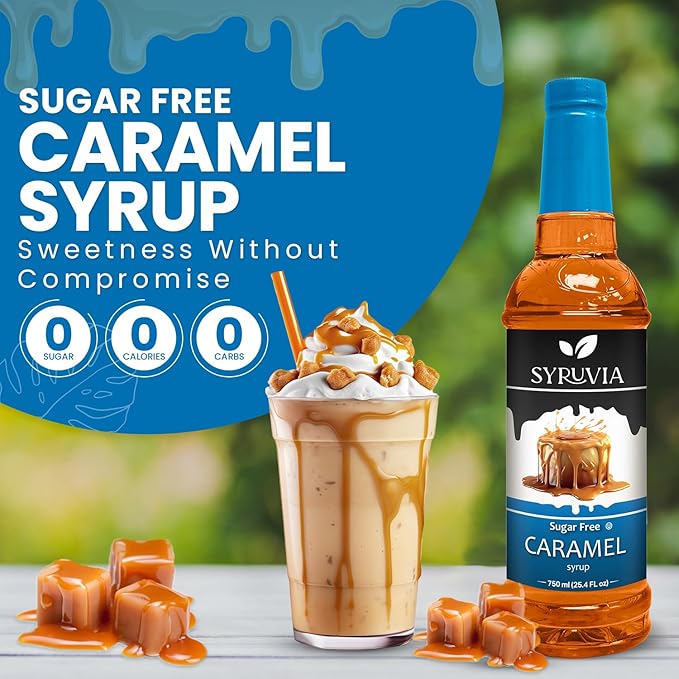 Syruvia 4 Pack Sugar-Free Caramel Coffee Syrup – 25.4 fl oz - Syrup for Coffee, Lattes, Shakes, Smoothies, Desserts – 100% Vegan, Gluten Free, Kosher – No-Calorie Coffee Syrup