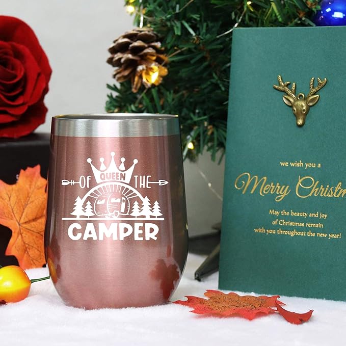 Queen Of The Camper Wine Tumbler, Happy Camper Gifts 12oz Cup, Gifts For Camping lover Outdoors, RV Hiking Camping Coffee Mugs, Camper Lover Couples Glass for Women