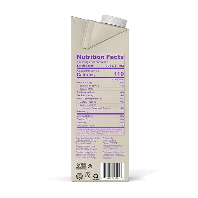 Minor Figures - Oat Milk - Organic - Barista Standard - 32 Oz - 6 Pack - Non-GMO - Plant-Based - Vegan - Dairy-Free - Shelf Stable - Unsweetened