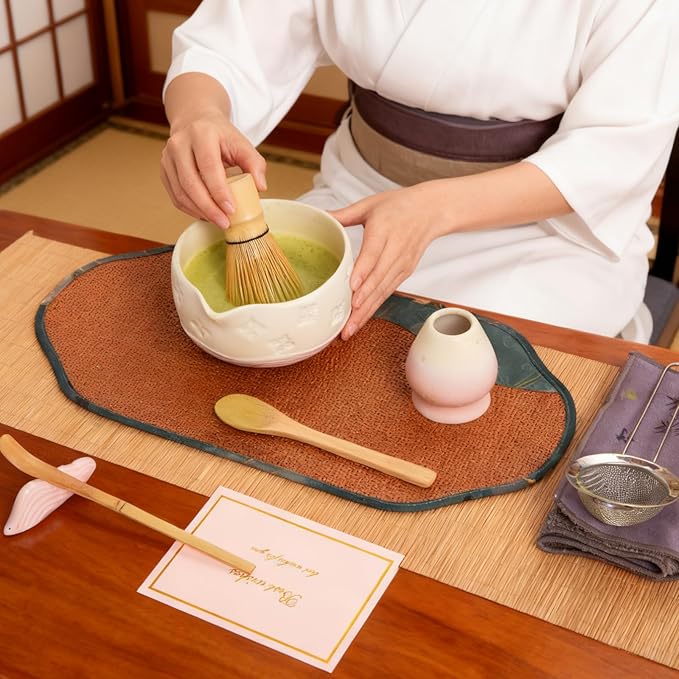 Matcha Whisk Set - Traditional Bamboo Chasen with Bowl, Complete Matcha Tea Making Kit & Starter Tools for Authentic Japanese Ceremony (Pink02, 8pcs/set,Bowl entry-level Set)