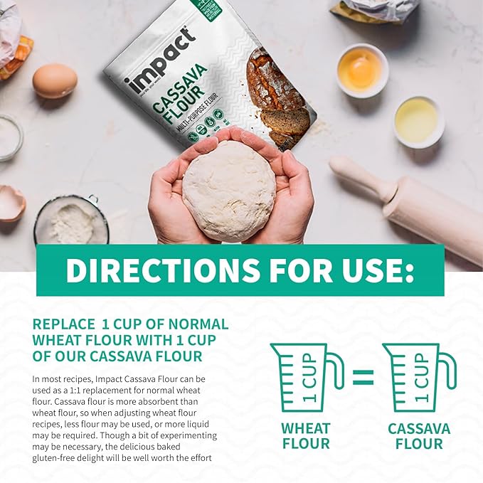 Impact - Conventional Cassava Flour, Gluten, Grain, Dairy, Soy & Nut Free, Vegan, Non-GMO, Fine Texture, All-Purpose Baking Flour - 2lb Resealable Bag