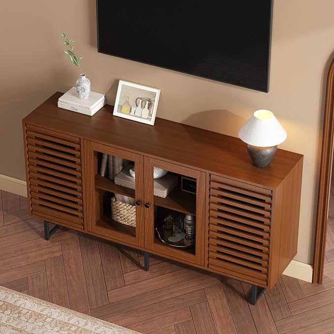 Vabches Mid Century Modern Sideboard Buffet Cabinet with LED Lights, Unique Slatted & Tempered Glass Doors, 58.3" Credenza Storage Cabinet for Kitchen, Dining, Living Room, Entryway, Walnut