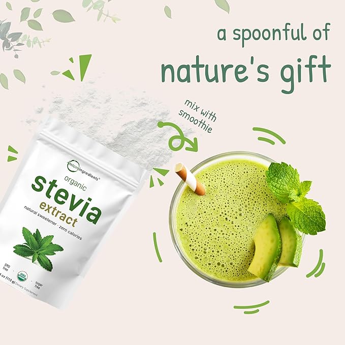 Pure Organic Stevia Powder, 4 Ounces, 706 Serving, Highest Grade Stevia Green Leaf Extract Reb-A, Reduced Bitter Aftertaste, 0 Calorie, Natural Sweetener, Sugar Alternative, Keto Friendly