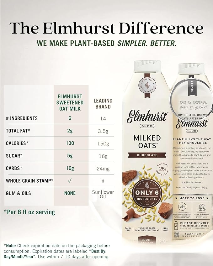 Elmhurst 1925 Chocolate Oat Milk - 32 Ounce (Pack of 6) Dairy-Free, Vegan, Kosher, Gluten-Free, Less Sugar, Shelf Stable Plant Based Milk Made with Whole Grain Oats & Cocoa for Smoothies & Baking