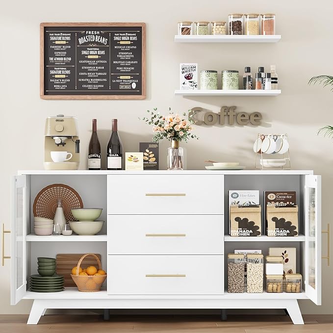 GarveeHome 56 Inch Buffet Cabinet Sideboard with Fluted Glass Doors and Gold Handles, Modern Sideboard Storage Cabinet with Adjustable Shelves, Coffee Bar Table for Kitchen Dining Room Living Room
