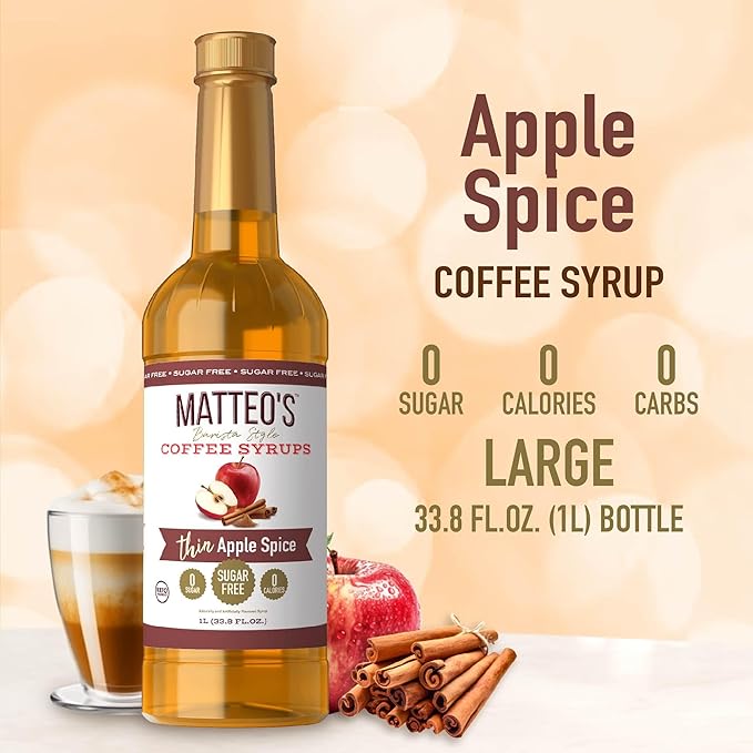 Matteo's Apple Spice Syrup for Coffee, Lattes, Cappuccinos & Desserts – Sugar-Free Sweetener for Beverages, Keto Friendly, Zero Calories, Indulgent Flavor, Non-Alcoholic, Ideal for Coffee 33.8oz (1pk)